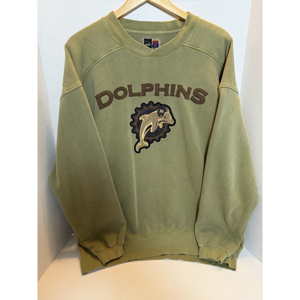 Rare Vtg Puma Miami Dolphins Crewneck Sweater Xl Olive 251